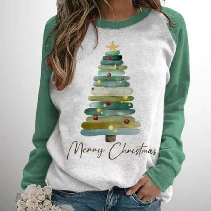 Christmas jumper with tree print in white/light green, worn