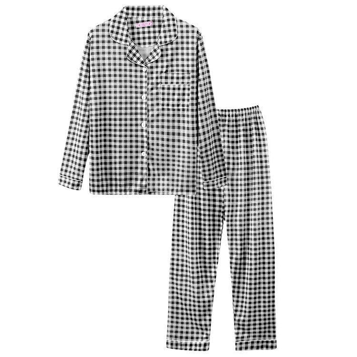 Black Gingham pyjama set with button-up shirt and long trousers, flat lay