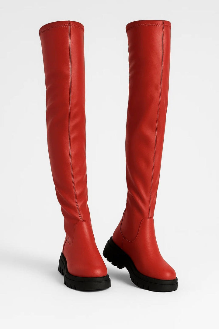 Over-the-knee boots with chunky sole in red, product photo