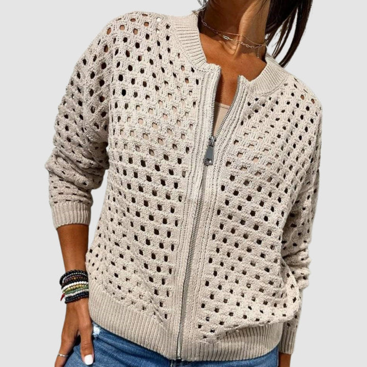 Beige open-knit zip cardigan, front