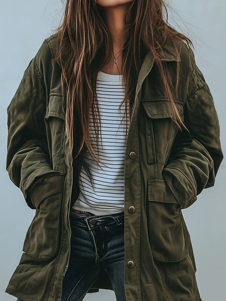 Long utility jacket with cargo pockets in olive green, worn