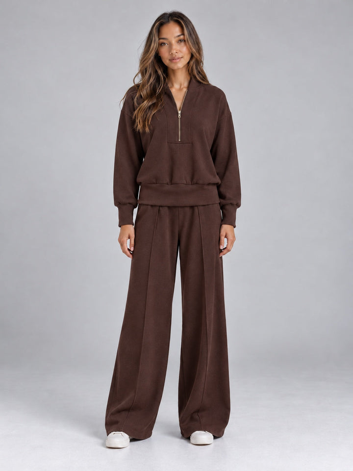 Half-zip knit co-ord with wide-leg trousers in brown, worn, front view