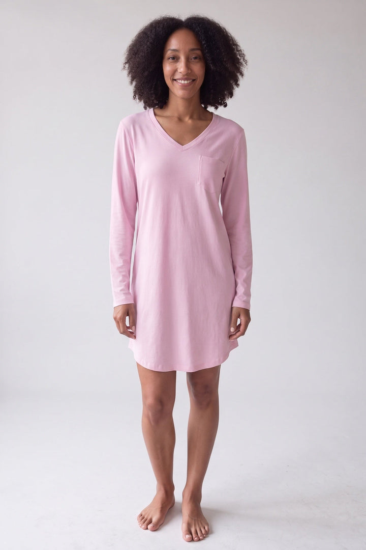 Pink Pima cotton blend jersey sleep shirt with V-neck, worn, front view