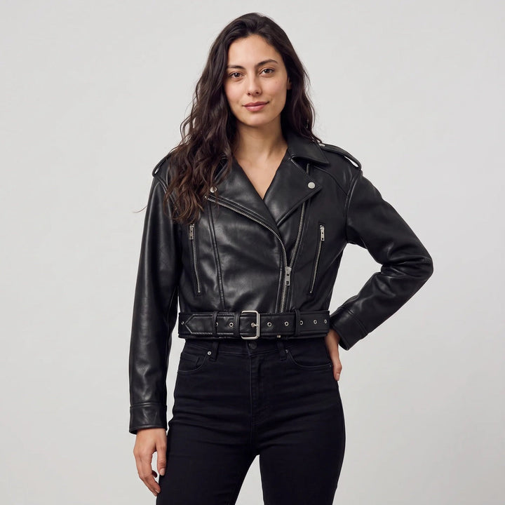 Leather-look biker jacket with belt in black, worn, front view