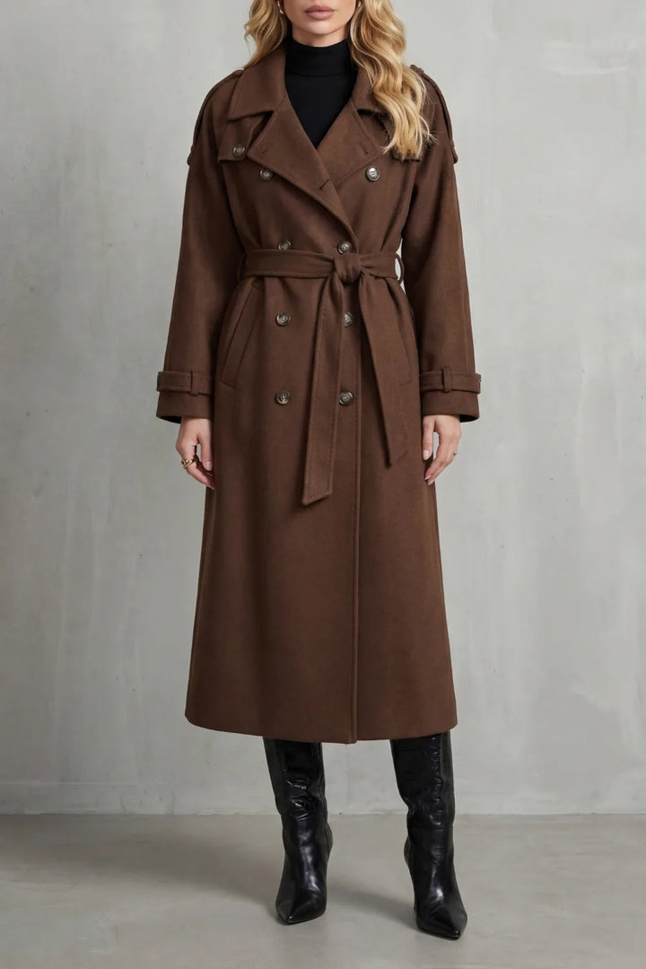 Oversized wool trench coat in brown, worn