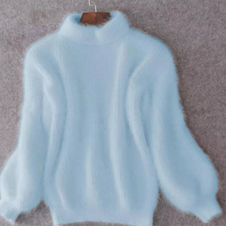 Fluffy roll-neck jumper with balloon sleeves in light blue, on a hanger, front view
