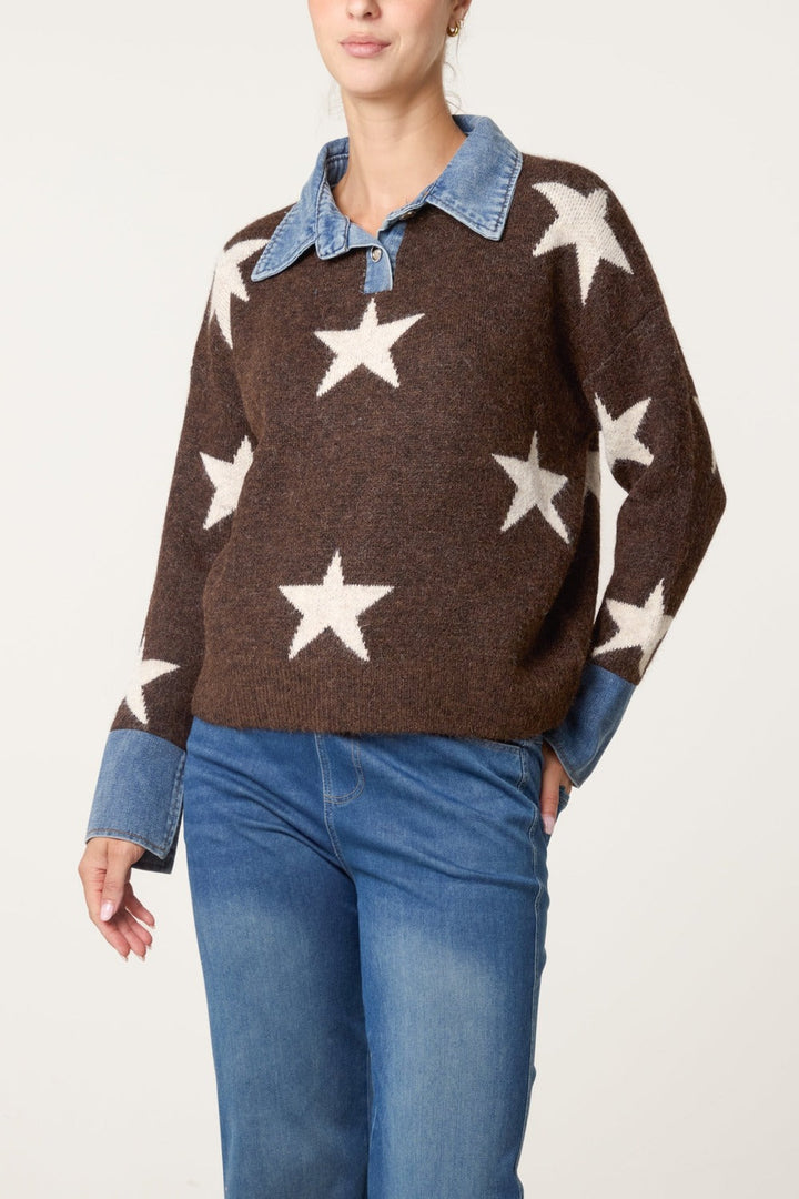 Star jumper with denim collar in brown/cream, front view