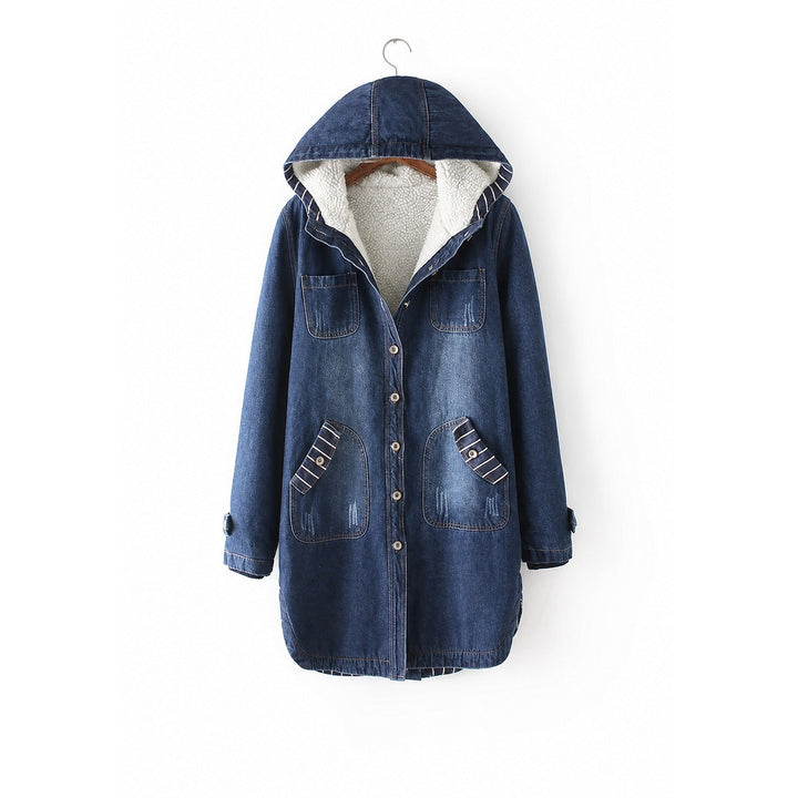 Long blue denim jacket with teddy-lined hood, front