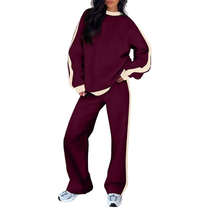 Side-stripe tracksuit with sweatshirt and straight trousers in burgundy, worn, front view