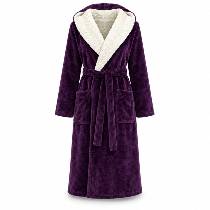 Purple hooded dressing gown with cream sherpa-lined hood and tie belt, front view