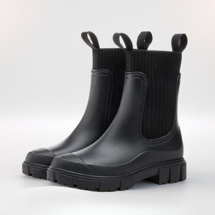 Mid-calf wellies with knit sock shaft in black, product photo