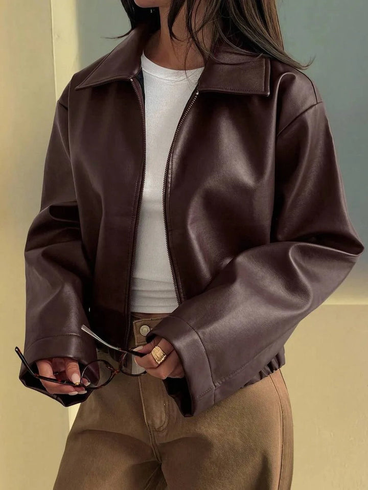 Faux leather jacket with collar in coffee brown, worn, front view