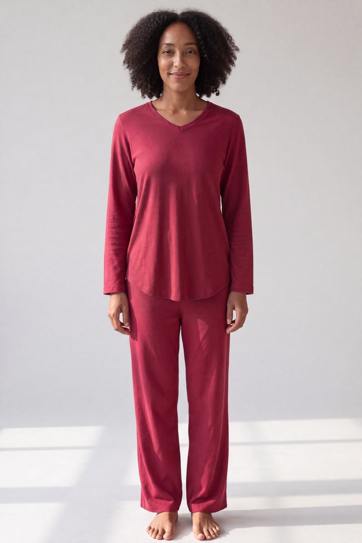 Winterberry red bamboo pyjamas with V-neck top and wide trousers, worn, front view
