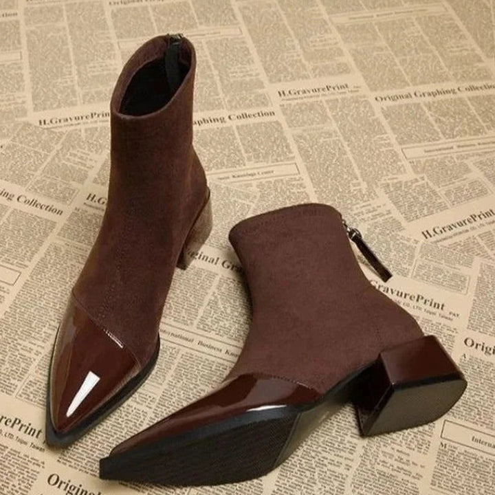 Dark brown pointed ankle boots with patent toe cap and block heel