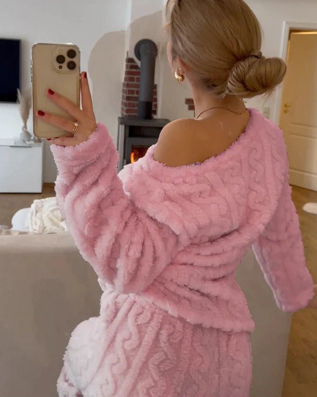 Pink fluffy fleece pyjamas, back view