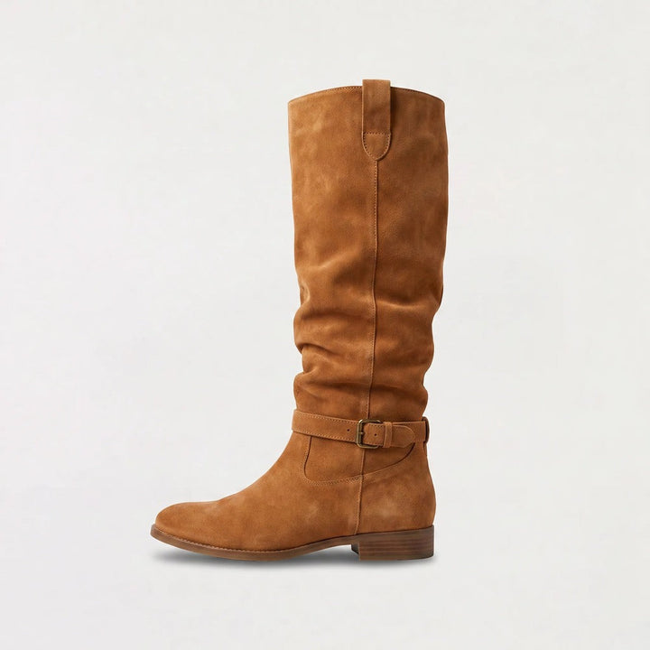 Cognac suede-look slouch knee-high boot with buckle strap