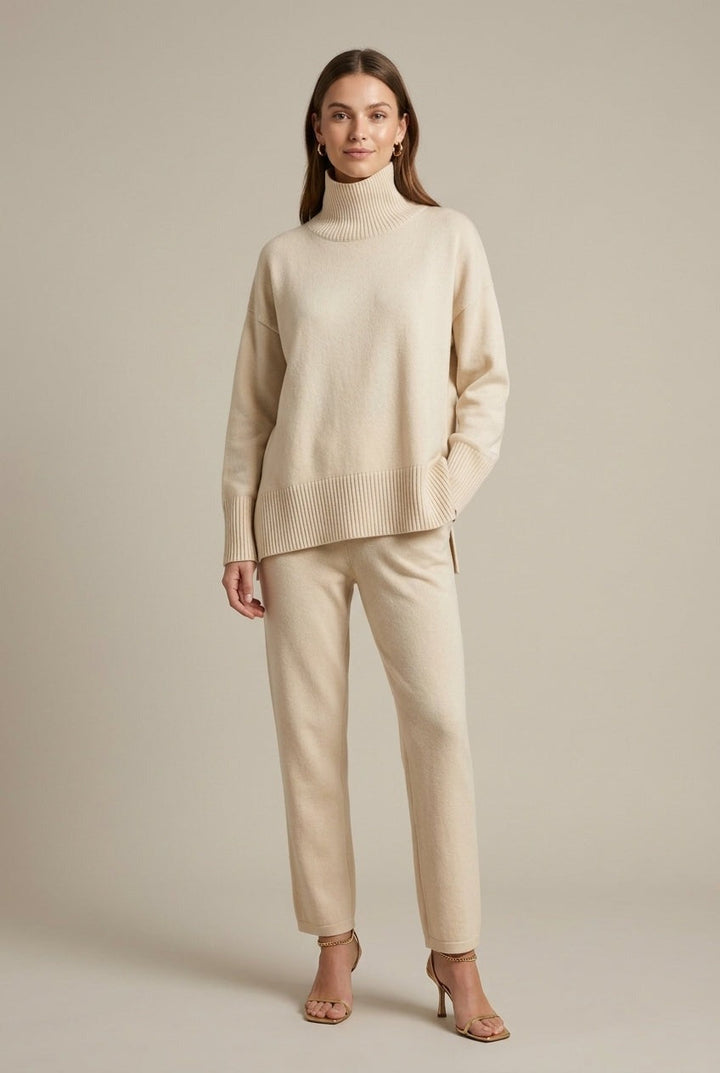 Beige knitted two-piece set with roll neck jumper and trousers