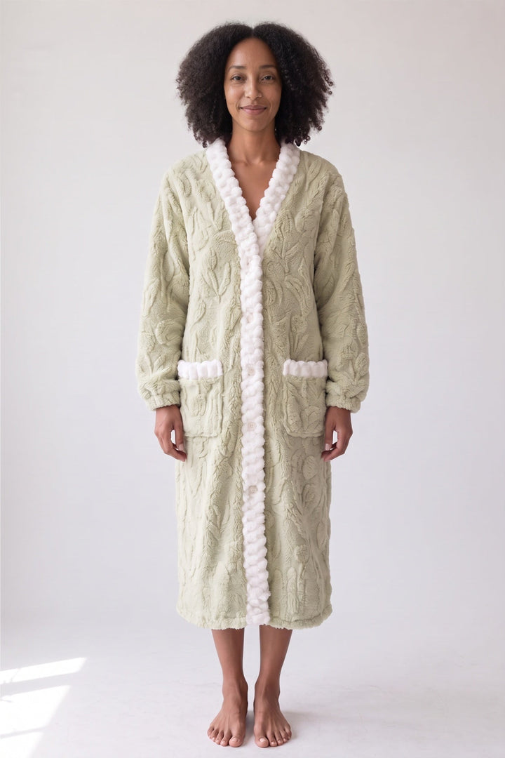 Sage green fleece nightdress with white plush trim, worn, front view