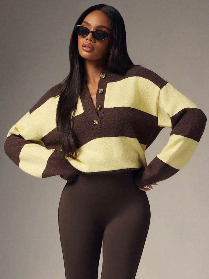 Oversized striped jumper with buttons in brown/butter yellow, worn