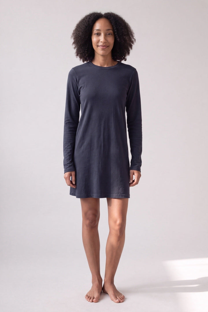 Navy long-sleeve nightdress, worn, front view