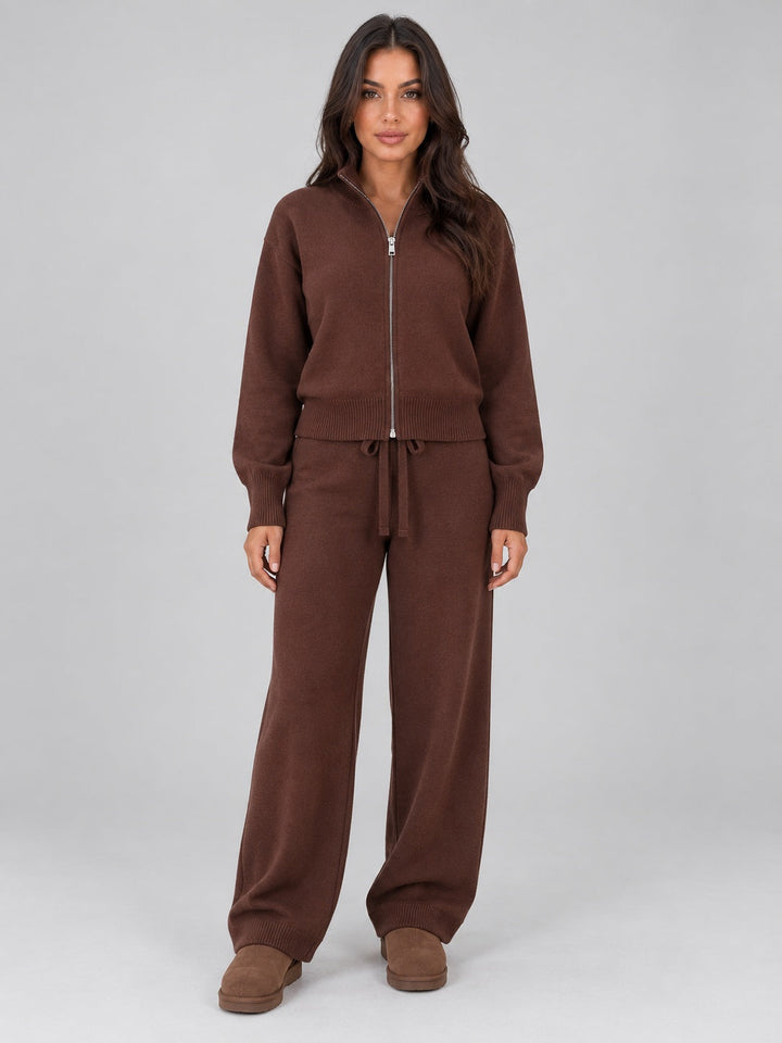 Knitted co-ord with zip-through cardigan and wide-leg trousers in brown, worn, front view