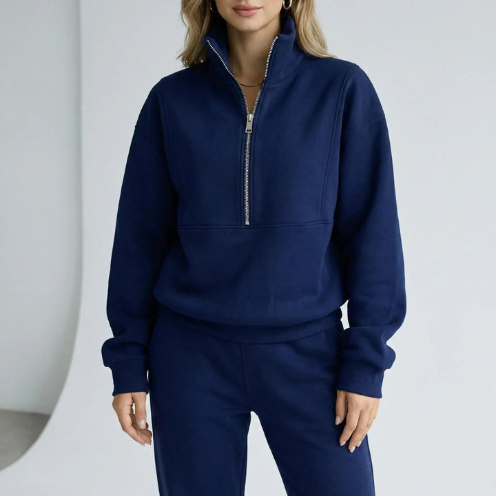 Half-zip sweatshirt and joggers in navy, worn, front view