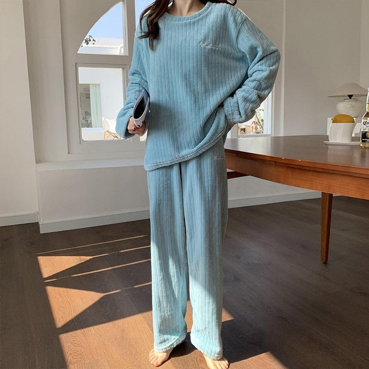 Light Blue ribbed fleece lounge set, worn at home