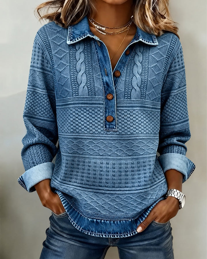 Oversized button-neck jumper in denim blue, worn, front view