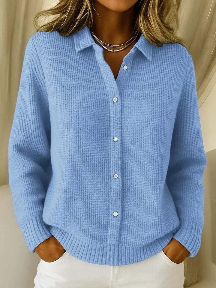 Light blue button-up cardigan with shirt collar, front