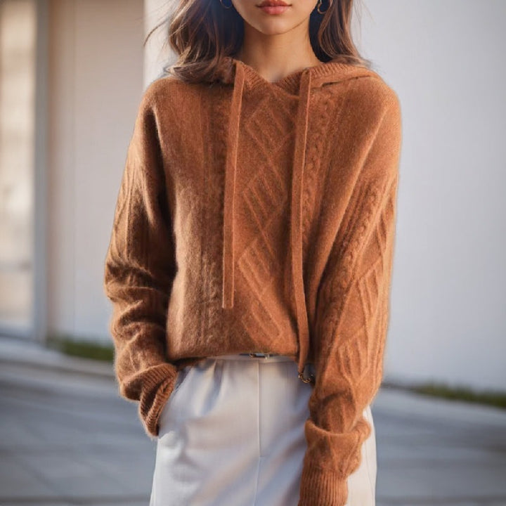 Cable-knit hooded jumper in caramel, worn, front view