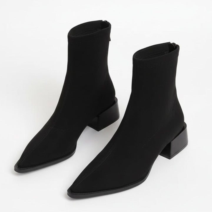 Black suede-look sock boots with pointed toe and block heel