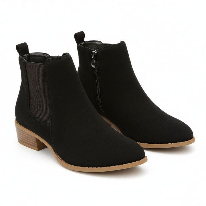 Pair of black suede-look Chelsea boots with stacked heel
