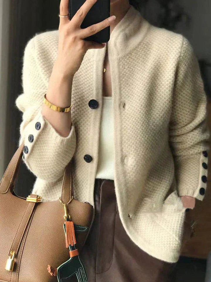 Textured knit cardigan in off-white, worn, mirror photo
