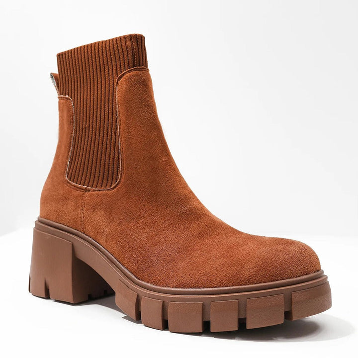 Brown faux suede platform Chelsea boot with knit shaft