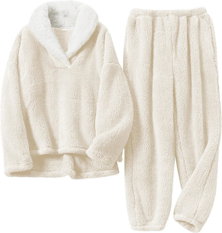 Cream sherpa fleece pyjama set with shawl-collar V-neck jumper and cuffed trousers, flat lay