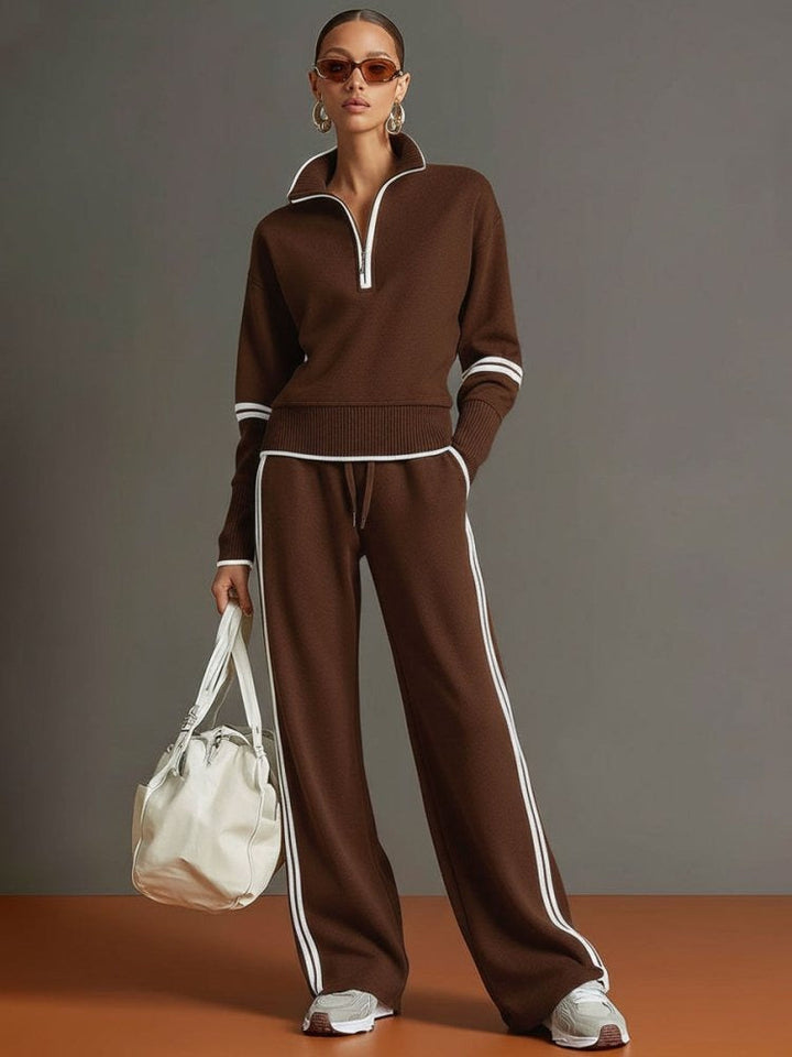 Brown knitted tracksuit with quarter zip and contrast stripes