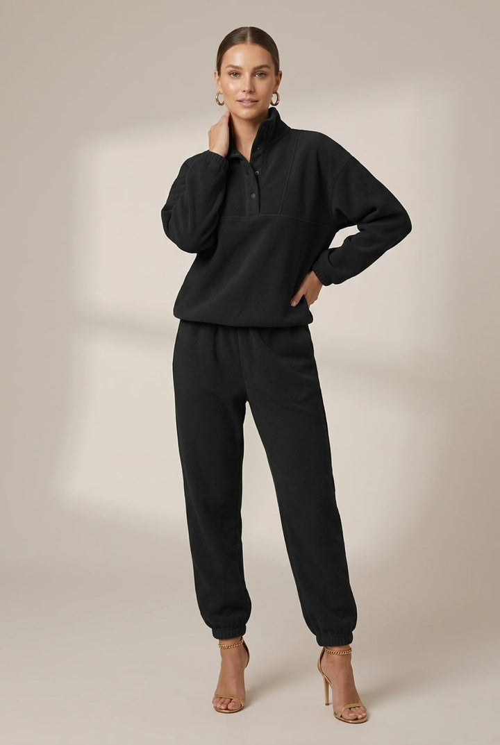Black fleece lounge set with stand collar and joggers