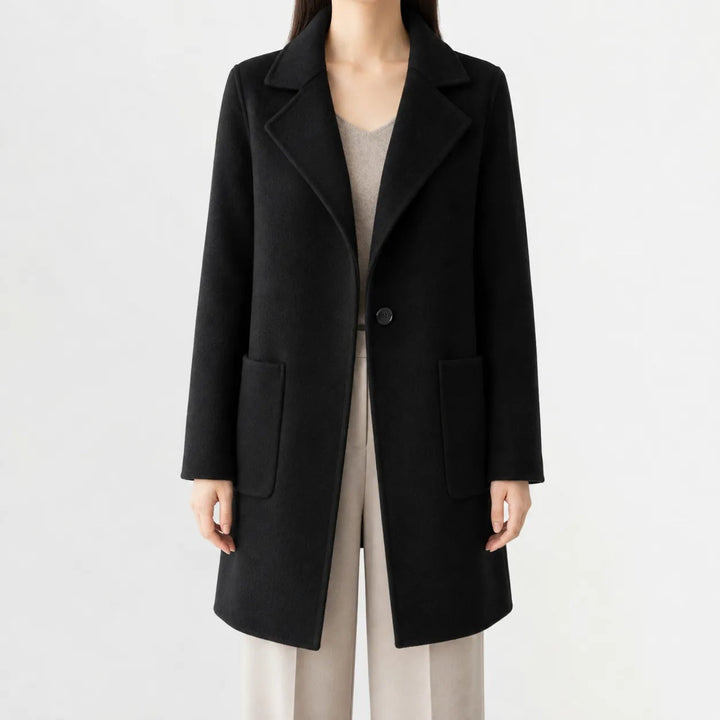 Wool-look coat with notch lapels in black, worn, front view