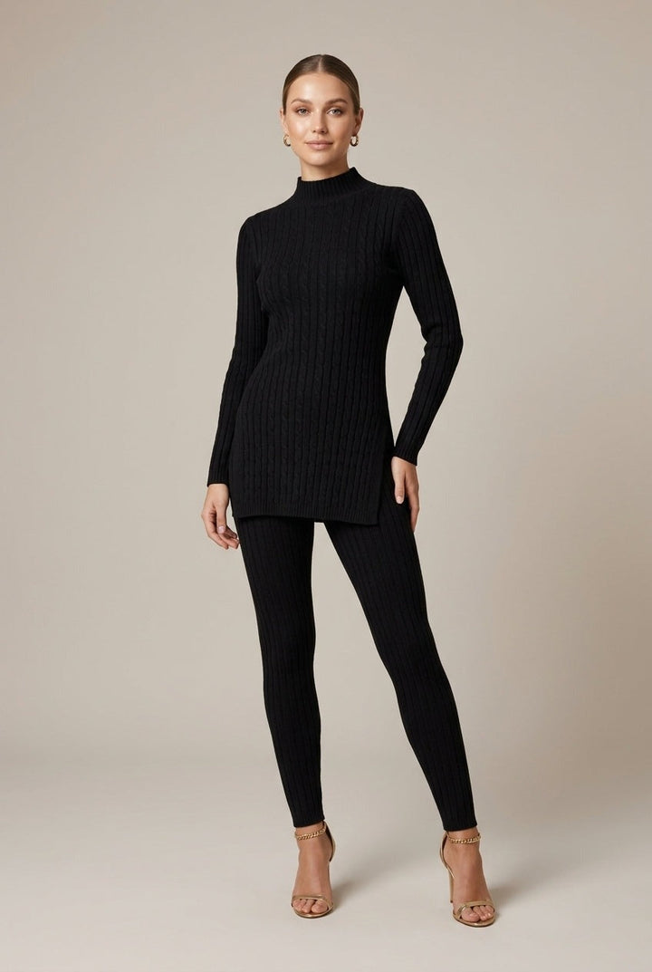 Black ribbed co-ord set with turtleneck tunic and leggings