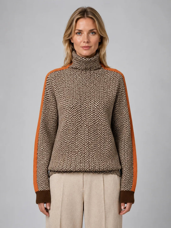 Herringbone roll-neck jumper with striped sleeves in brown-orange, worn, front view