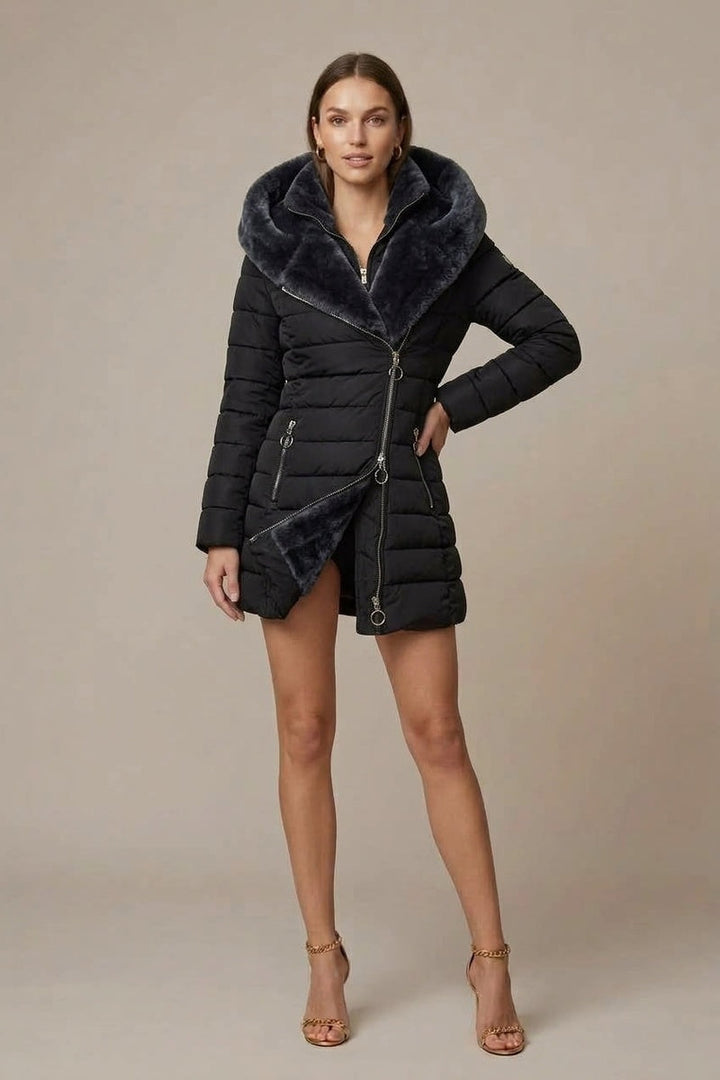 Black hooded puffer coat with faux fur and an angled zip