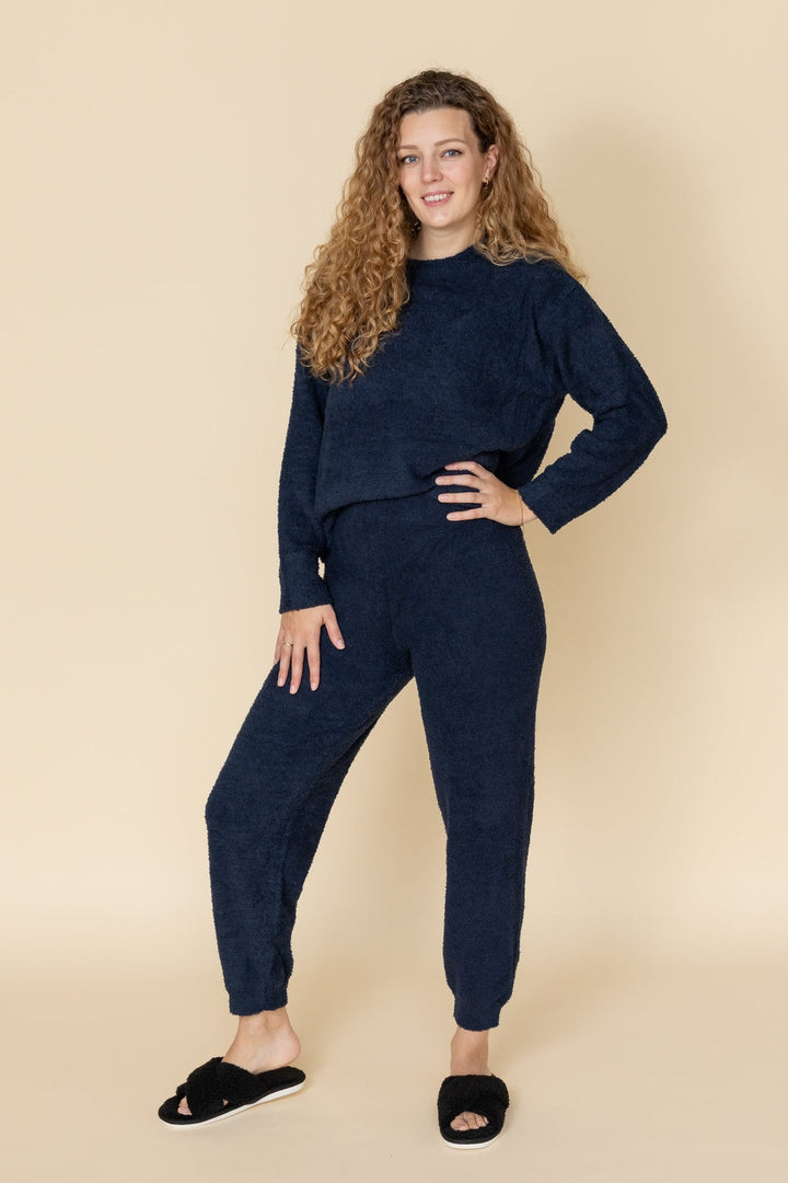 Navy fluffy loungewear set with crew-neck jumper and cuffed joggers, front view
