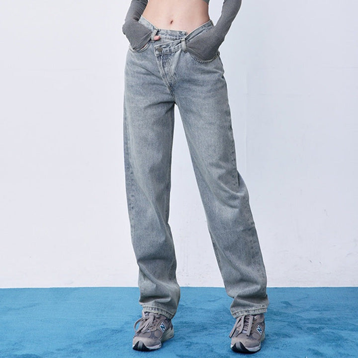 Light blue wide leg jeans with crossover waistband