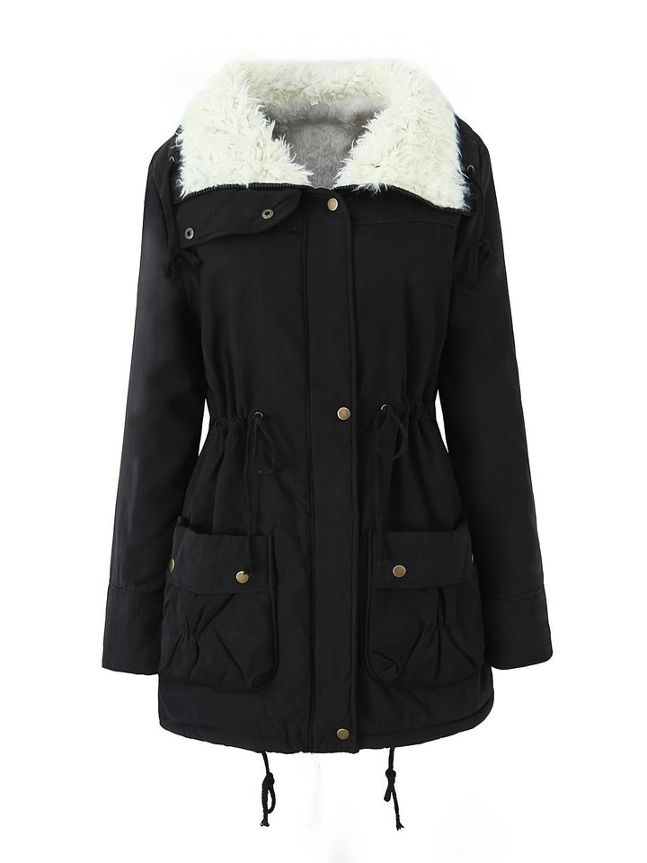 Black parka with teddy collar and drawstring waist