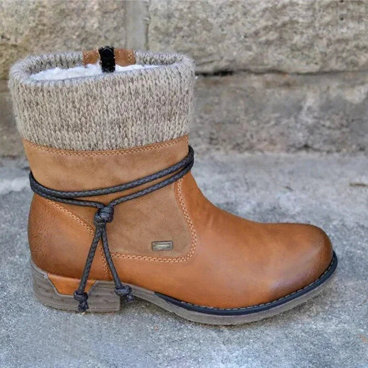 Brown ankle boot with knitted cuff, wraparound cord and block heel