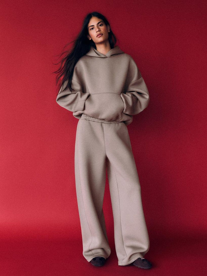 Taupe scuba tracksuit, full-length front view