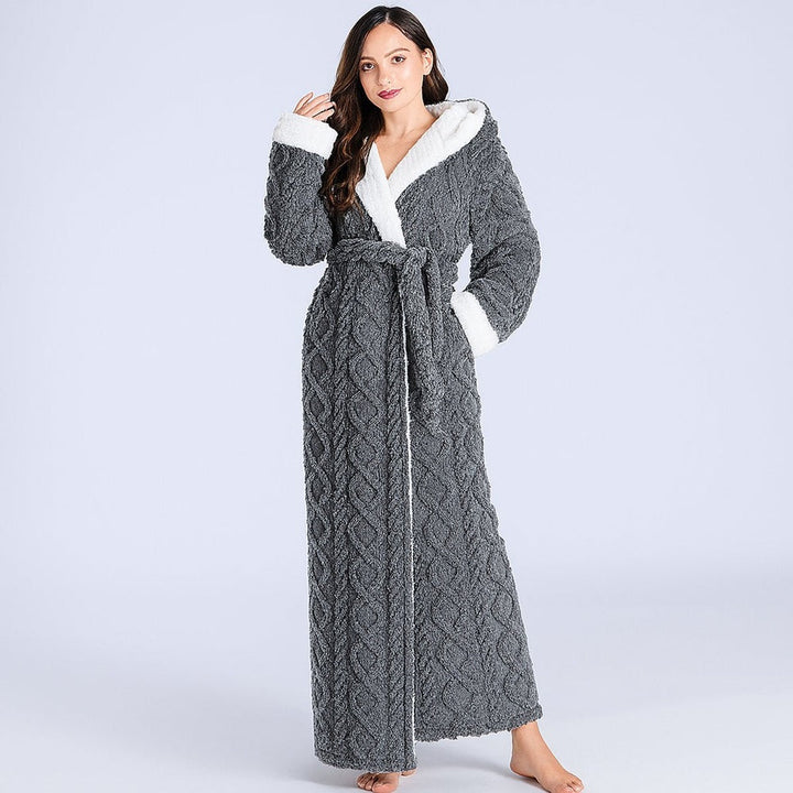Long dark grey hooded dressing gown with cable texture and cream sherpa collar and cuffs, front view