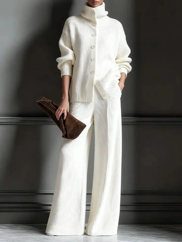 White ribbed knit set with high-neck button cardigan and wide-leg trousers, front view