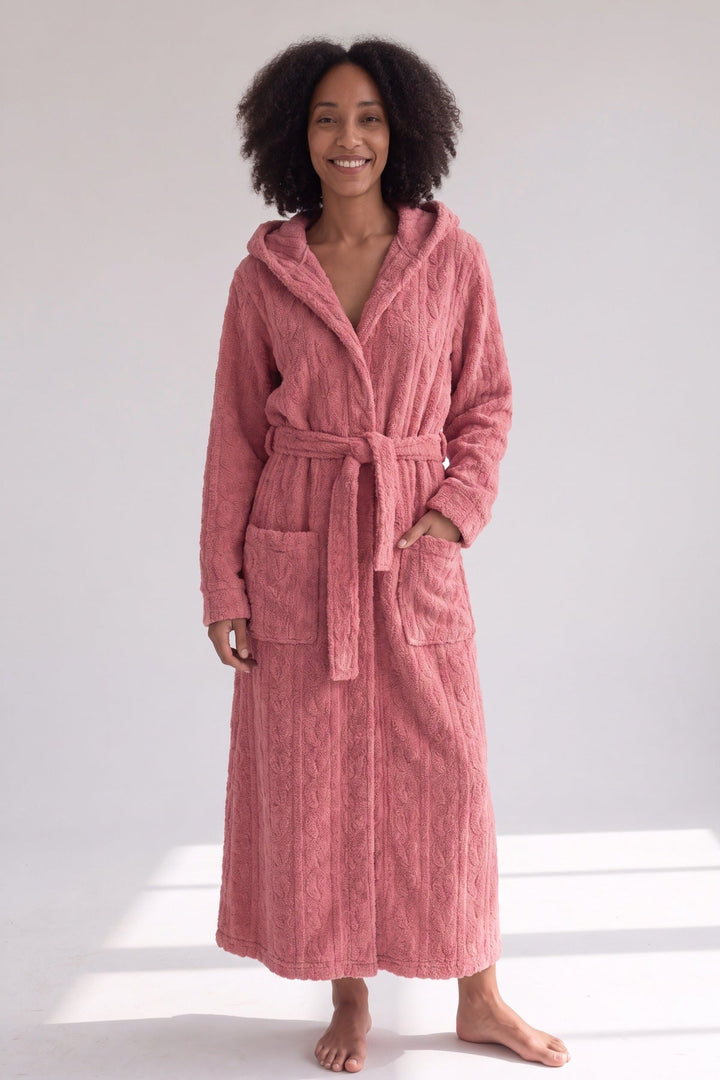 Pink hooded dressing gown in cable-texture fleece, worn, front view
