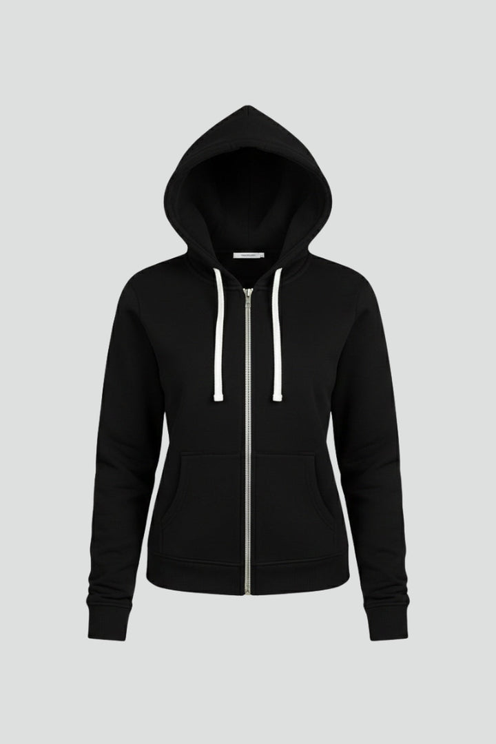 Black zip-up hoodie with white drawcords, front view on a grey background | Grace Aura